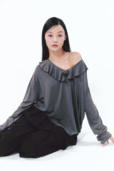 Rose Brooch Frill Long Sleeve Charcoal