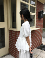 Pombo Tiered Frill Over Fit Short Sleeve Puff Blouse