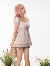 Rose Island フローラル レイヤード メッシュ ランタンスリーブ トップ＆ミニスカート