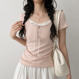 Miu Side Shirring Lace Short-Sleeve Blouse T-shirt (4 colors)