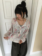 Triche Flower Over Fit Henley Neck Long Sleeve Tee