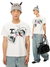 ニットキトゥンネックレスプリントショートスリーブTシャツ