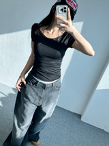 バックスリットポイントUネックショートスリーブ🩵🖤❤💙 - 4 カラーズ