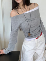 Milky Unbalance Off-Shoulder Boatneck Shirring Long Sleeve T 