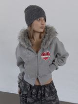 FUR TRIMMING HOODED ZIP-UP / MELANGE GRAY