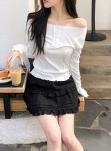 Off Shoulder Half Button Slim T-shirt (3color)
