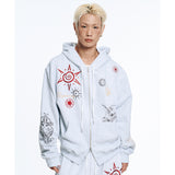 Multi-Print Crop Hoodie Zip-Up - Navy