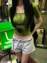 オリーブ ダイアリー ボタン Uネック スリムフィット Tシャツ