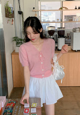 Pastel Pogeun Ribbon Short-Sleeved Knit Cardigan (3color)