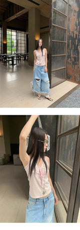 Pink stripe lace-up sleeveless t-shirt