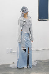 DAMAGED LONG DENIM SKIRT (BLUE)