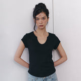 C 90S LINE SLIT NECK HALF-SLEEVE T-SHIRT_BLACK
