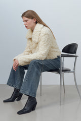 HOOK CLOSING UNBALANCE COLLAR FUR SHORT JACKET - IVORY