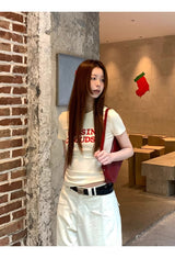 レッドレタリングスパンデックスラウンドネック半袖Tシャツ