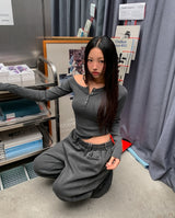 Tees リブボタンアンバランスショルダーロングスリーブ