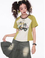プリントショートスリーブラグランラウンドネックTシャツ