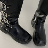 Six buckle belt long worker leather boots