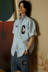 ネイビーCパッチライトブルーデニムショートスリーブシャツ [Unisex]