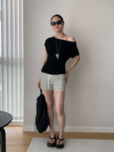 Design Open Shoulder Slim スパンデックス半袖Tシャツ