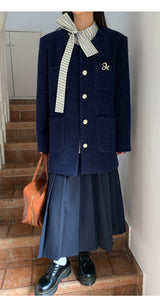 Renee Navy No Collar Round Half Coat
