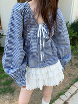 lovely blue checkered cotton blouse