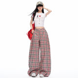 Pink Check Wide-Leg Straight Pants
