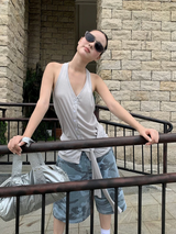 オートミール ルーズ ホルターネック ストラップ ノースリーブ Tシャツ