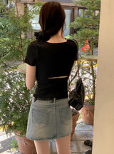 #Back Slit Square Short Sleeve Knit + Scrunchie Set (5color)