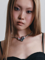 BEADED TARTAN CHECK HEART NECKLACE (WHITE)