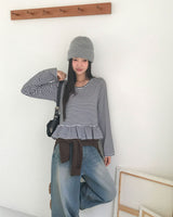 [MADE] Wove, border frill long sleeve T-shirt