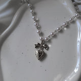コケットリボン アンド ハートロケットパールチョーカーネックレス - Silver Color