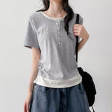 ルーズスリムフィット💫カラーリングレイヤードUネックシャーリングボタンデイリーTシャツ(6 colors)