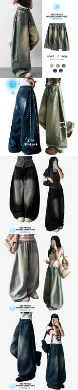 Rmin Side Pintuck Summer Long Pants Denim Wide Pants [Choose short and long]