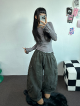 FLEECE/STRING TWO CARGO RIVET WIDE BALLOON LONG PANTS💚🤎🖤🩶4COLOR