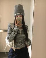 カラーブロックヘンリーネックストライプTシャツ