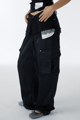 SATIN WIDE CARGO PANTS	(BLACK)