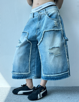 カーペンターワイドマキシオーバーバミューダデニムパンツ💙🖤 - 2 カラーズ