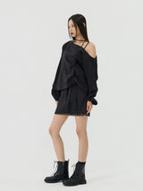 One-shoulder Blanc Ribbon Shirring Detail Top, Black