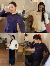 Twisted frill knit long-sleeved cardigan