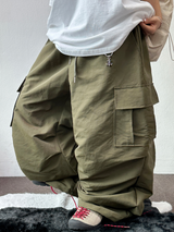 セミバルーンワイドパラシュートキーホルダーナイロンクリンクルロングパンツ💚🖤🤍🤎 - 4カラー