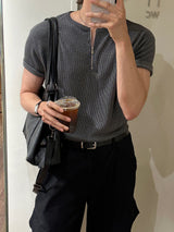 LMN zipper Henley neck V-neck short-sleeved knitwear (4 colors)