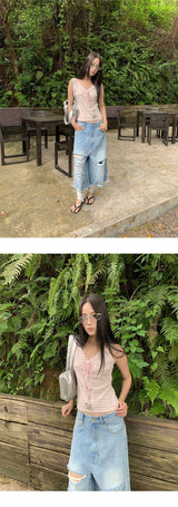 Pink stripe lace-up sleeveless t-shirt