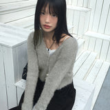Lupun Angora fur slit button V-neck cardigan