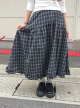 ミランチェックシャーリングバンディングフレアロングスカート
