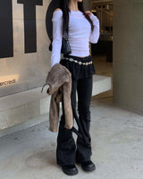 Shirring dark denim boots cut pants