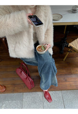 V-neck quilted ivory fur jacket