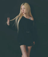 Button Off-Shoulder Long Sleeve [Black]
