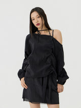 One-shoulder Blanc Ribbon Shirring Detail Top, Black