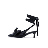 Satin Ribbon Sling-Back Sandal Heel(Black)