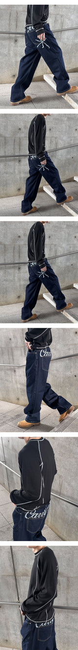 [Unisex] Handling stitch wide denim pants(3color)